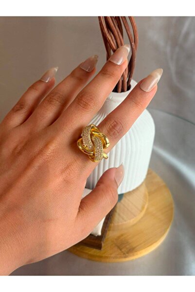 ANKA JEWELLRY خاتم نسائي من الفولاذ بتصميم عقدة مرصع بحجر الزركون ولون ذهبي ق...