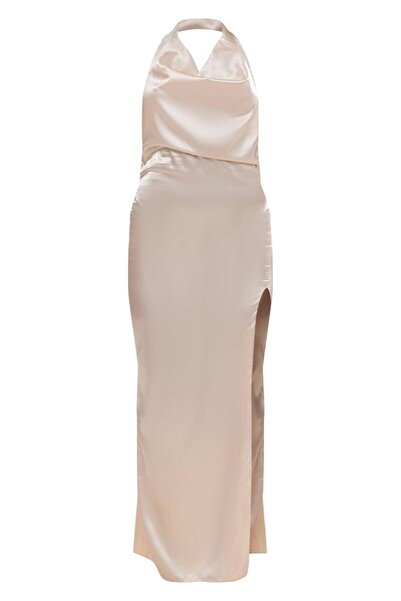 NO BRAND Prettylittlething rochie de satin bej netedă, fără mâneci, cu șliț 34