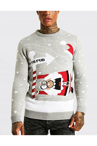 NO BRAND Pulover clasic gri cu model de Crăciun boohooman XS