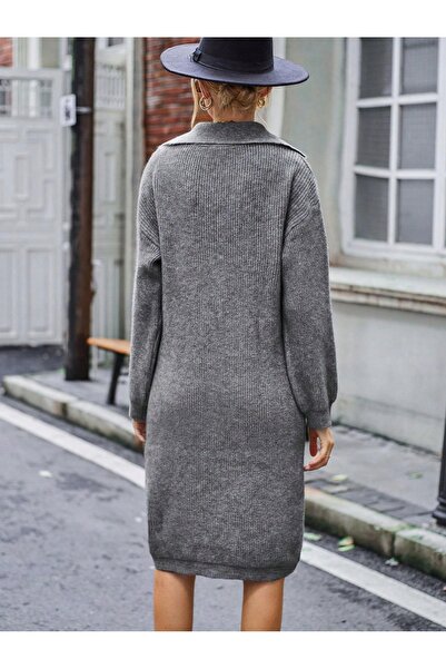 NO BRAND Rochie clasică tricotată gri, cu mânecă lungă, Shein m