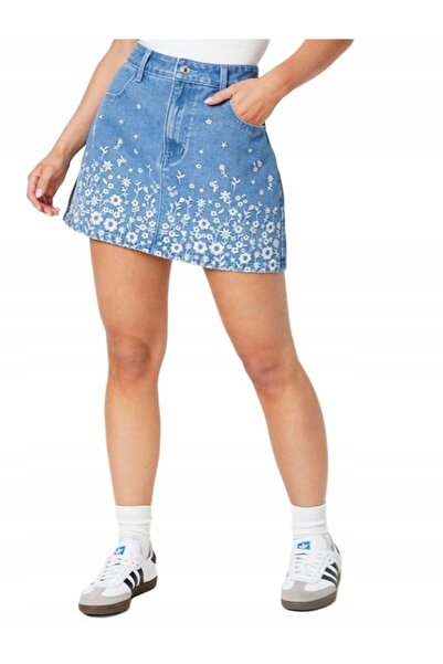NO BRAND Fustă mini din denim albastru, broderie decorativă cu model floral t...