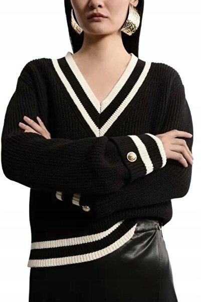 NO BRAND Pulover negru oversize, cu bordură crem, tricotat, cu decolteu în V,...