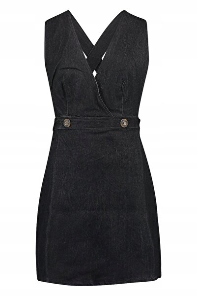 NO BRAND Rochie mini din denim negru, guler tip clap, netedă, Boohoo 44