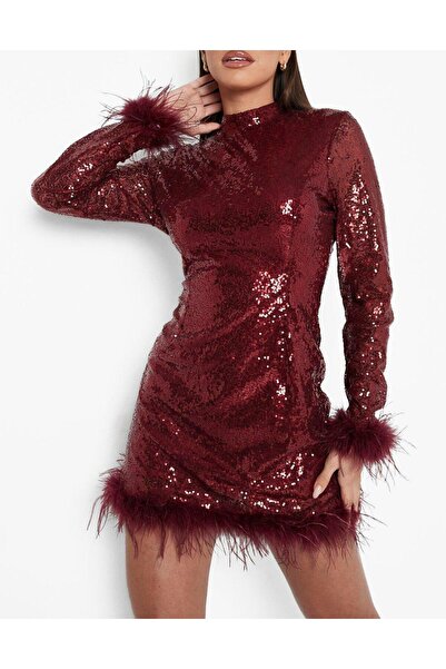 NO BRAND Rochie mini glamour cu paiete, culoare burgundy, cu mânecă lungă și ...