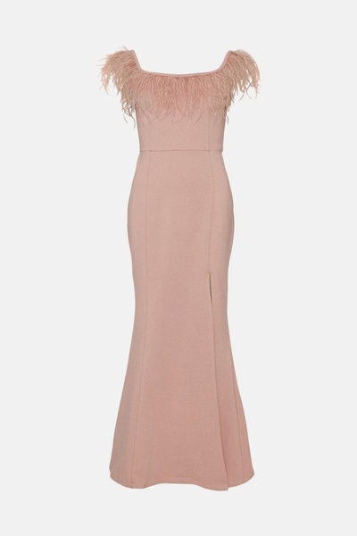 NO BRAND Rochie maxi roz spaniolă cu șliț și decor din pene Coast 46