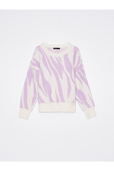 NO BRAND Pulover tricotat alb-violet, cu model, cu lână suplimentară, mânecă ...