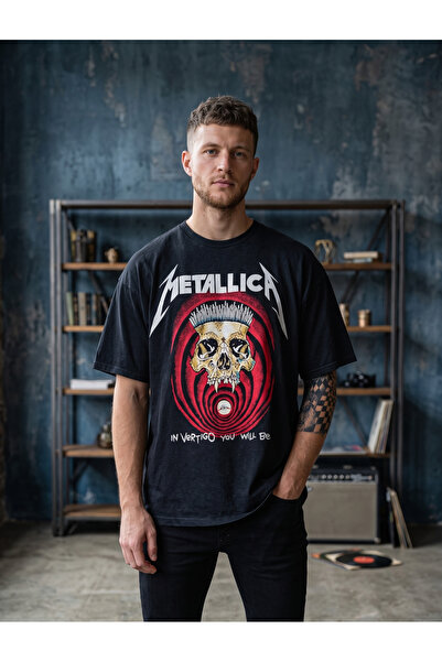 Girişim Tekstil Metallica Vertigo Unisex Yıkamalı Gri T-shirt