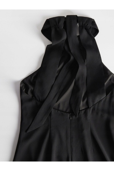 NO BRAND Rochie mini neagră clasică, cu decolteu cu șiret și fundă, netedă, m...