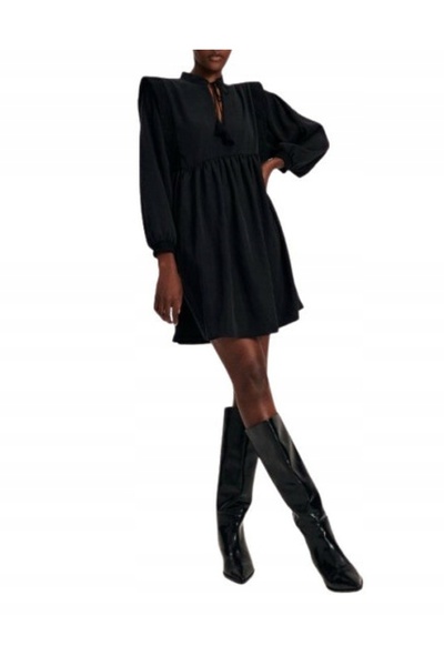 NO BRAND Rochie mini neagră clasică, evazată, cu mânecă lungă, mărimea XL.