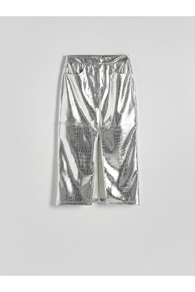 NO BRAND Fustă din imitație de piele, argintie, lucioasă, metalică, cu șliț, m