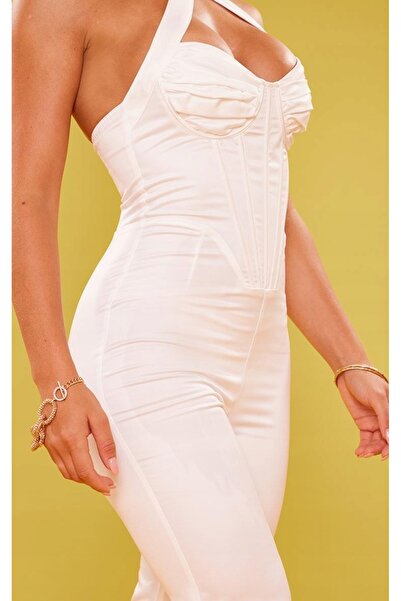 NO BRAND Body din satin alb, tip halter, lung, drept, Prettylittlething 42