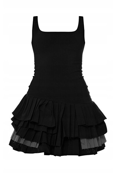 NO BRAND Rochie mini neagră evazată cu bretele și volane Prettylittlething 38