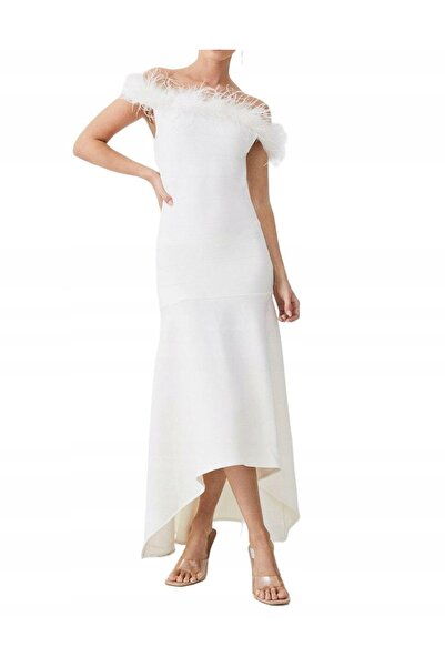 NO BRAND Rochie asimetrică ivoriu cu detaliu de pene pe umăr Karen Mellen S