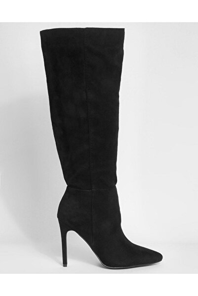 NO BRAND Cizme negre până la genunchi cu toc stiletto, din piele întoarsă eco...