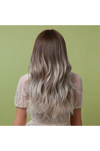 NO BRAND Perucă de damă, păr lung ombre gri, ondulat, cu breton, 26 inch