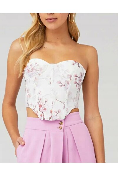 NO BRAND Top corset alb cu flori asimetrice, elegant, cu umerii goi, stil Bar...