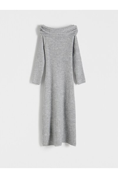 NO BRAND Rochie spaniolă tricotată gri, cu umeri decupați, mânecă lungă, mări...