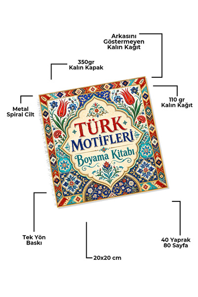 metafortoys Türk Motifleri Boyama Kitabı – 21x20 cm I 40 Görsel I Çocuklar ve Yetişkinler İçin