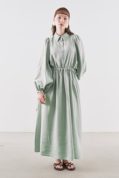 Manuka Draped Waist Adjustable Balloon Sleeve Dress Soft Green