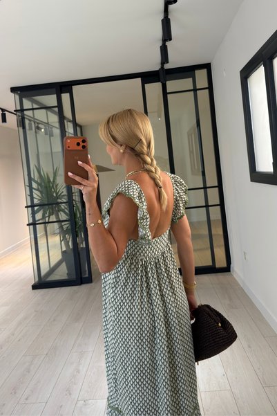 Sezgi Tekin Damla Pattern Khaki Linen Dress