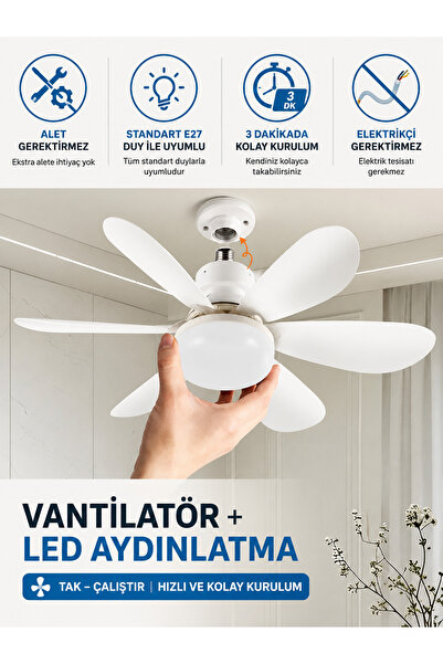 FIDUCIA LED Tavan Vantilatörü Uzaktan Kumandalı E27 Duylu 3 Renk Işık 3 Kadem...