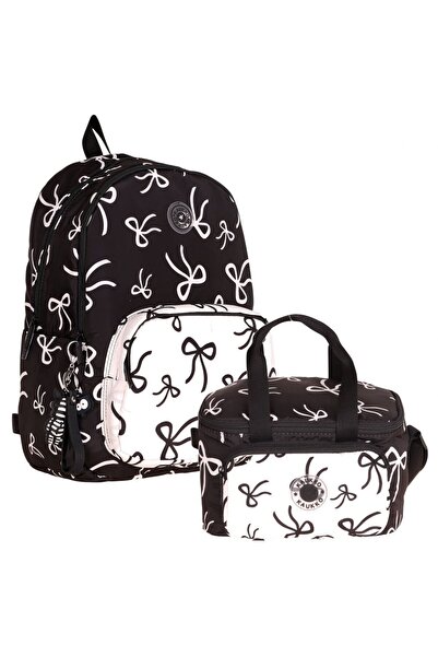 KAUKKO Bow Girl's Black - White Bow Printed School Bag and Lunch Bag Set - Se...