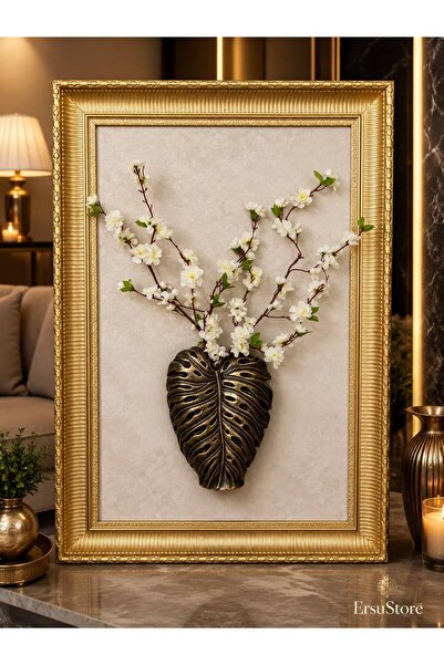 ersu store 110x77cm Lüks Gold Çerçeveli Yaprak Vazo Duvar Panosu – Çiçek Deta...