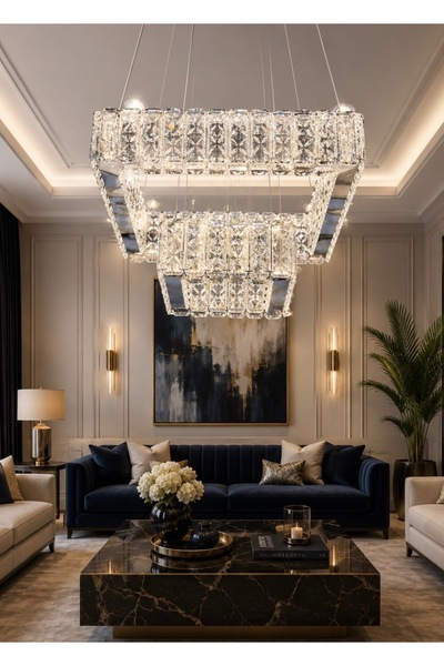 burenze Luxury Elegante Sarkıt Kristal Taşlı Avize Kumandalı 3 Renk Şık Görse...