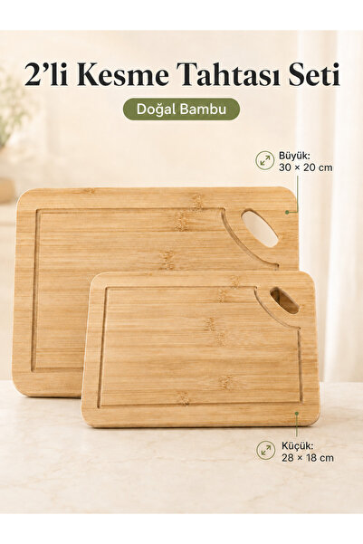 EcoVibe 2’li Doğal Bambu Kesme ve Doğrama Tahtası Seti 30x20 cm ve 28x18 cm S...