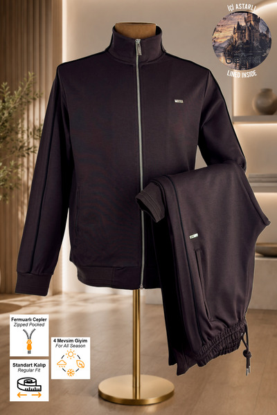 BESSA Brown Stand Collar Tracksuit Set with Stripe Detail, Lined Inside, Stan...