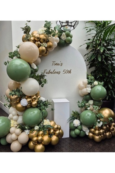 Çemrek Süs Parti Eucalyptus Green Retro White Gold Chrome Balloon Chain Set o...