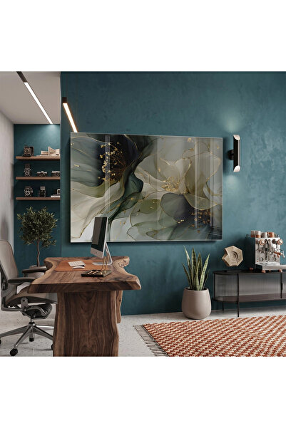 KOLAJTASARIM Floare fluidă, verde kaki, crem, tablou din sticlă unică, decor ...