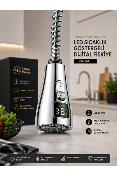 vb vitrinbanyo Spiral Sink Head with Led Temperature Display Digital Faucet C...