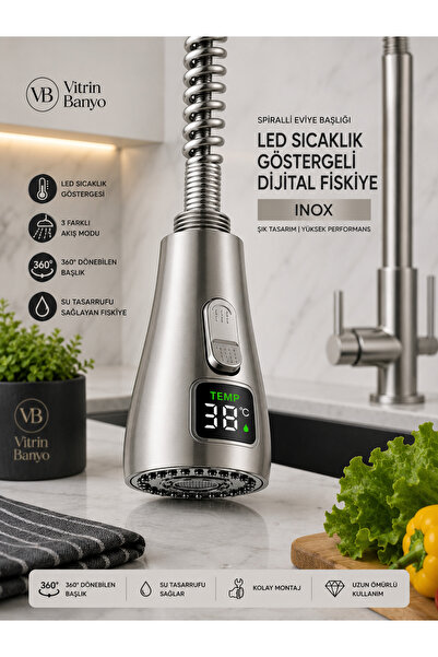 vb vitrinbanyo Spiralli Evye Başlığı LED Sıcaklık Göstergeli Dijital Fiskiye ...