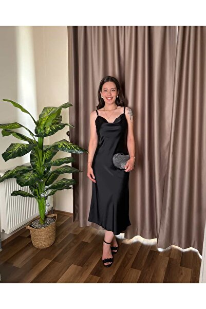 Notta Butik Nox Siyah Saten Maxi Elbise