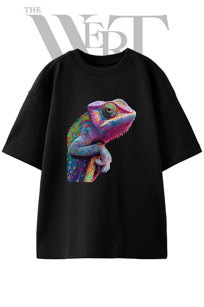 THEWERT Dugina kameleon dizajn, štampana unisex crna oversize majica