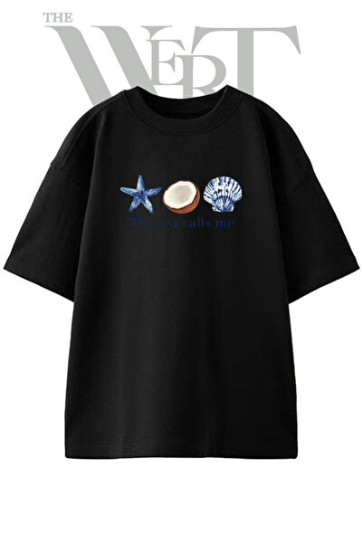 THEWERT Sea Decoration Design Printed Unisex Black Oversize T-Shirt