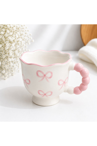Çağ Seramik Bow Patterned Handmade Ceramic Mug - Coffee Cup with Pink Handle