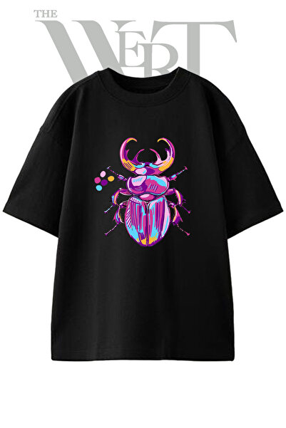 THEWERT Deer Antler Design Printed Unisex Black Oversize T-Shirt