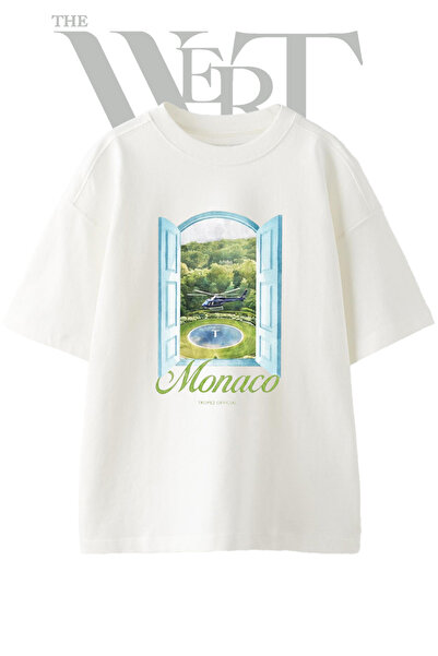 THEWERT Monaco Helicopter Design Printed Unisex White Oversize T-Shirt