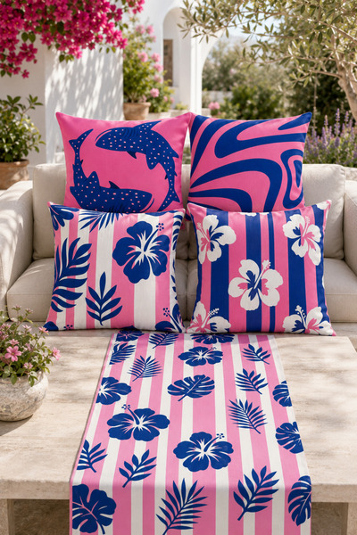 stellahomes Pink Navy Blue Tropical Patterned 4 Throw Pillow Covers and Runne...