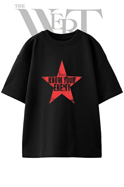 THEWERT Tricou oversize negru unisex cu imprimeu „Cunoaște-ți inamicul”