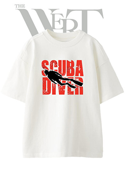 THEWERT Scuba Diver_1 Μπλουζάκι Unisex με στάμπα σχεδίου, λευκό, oversized