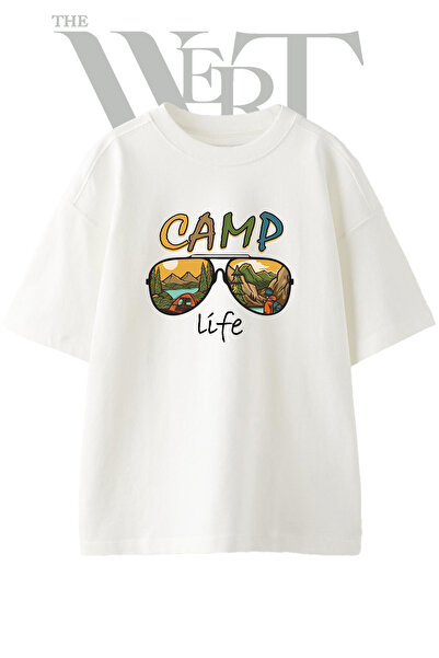 THEWERT Camp Life Design Printed Unisex White Oversize T-Shirt