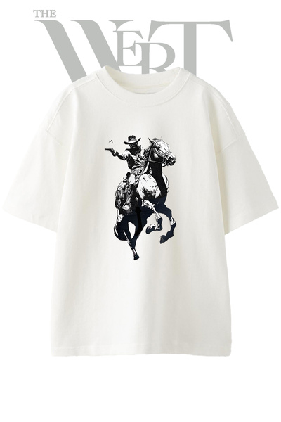 THEWERT Cowboy Horse Design Printed Unisex White Oversize T-Shirt