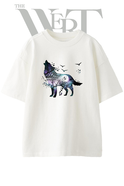 THEWERT Tricou supradimensionat alb unisex cu imprimeu Wolf Night Sky Design