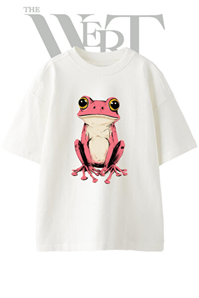 THEWERT Μπλουζάκι Unisex Λευκό Oversize με στάμπα Pink Frog Design