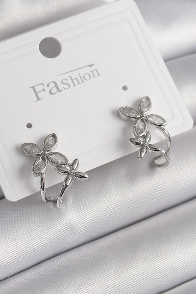 Mega Bazaar Brass Silver Color Zircon Stone 2 Piece Flower Model Women's Earr...
