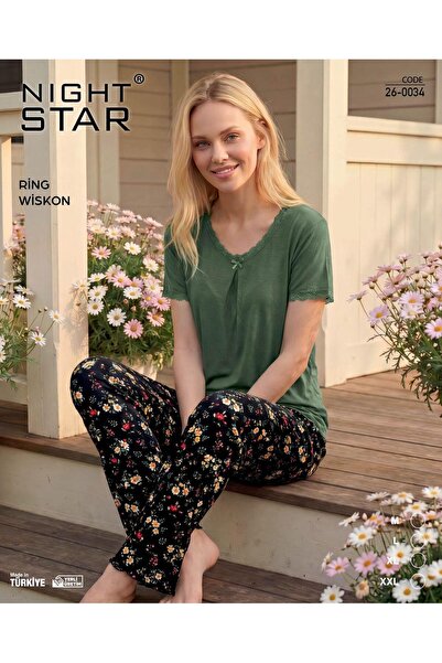 Night Star Elza Floral Patterned Lace Ring Viscose Pajama Set