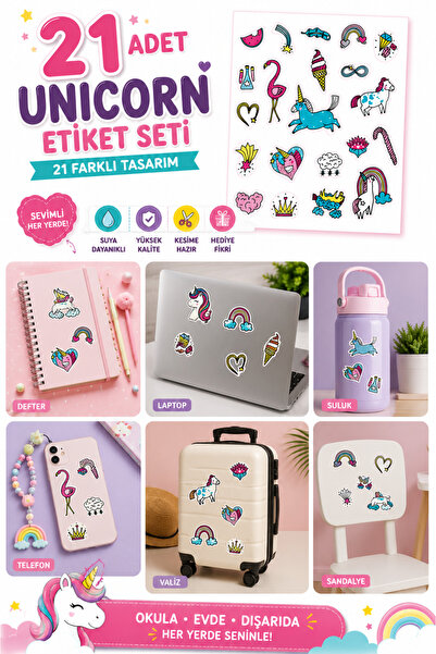 Adabilsa 21'li Unicorn Sticker Seti - Suya Dayanıklı Vinil Etiket | Defter, L...